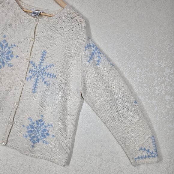 VTG Talbots Lambswool Angora Cardigan 1X Ivory Blue Snowflakes Holiday - Picture 6 of 14